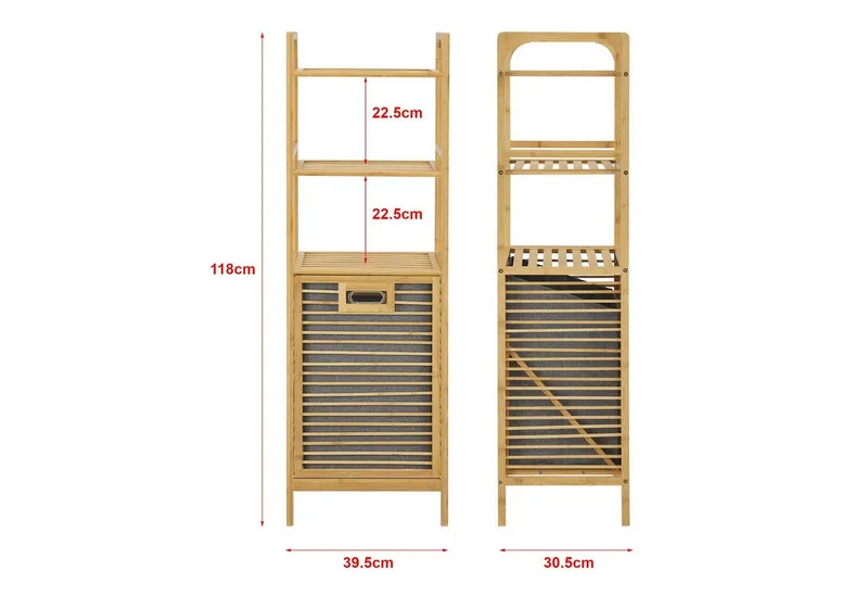 en.casa Wäschekorb, Tidaholm Bambus-Wäscheregal mit 2 Ablagen 118x40x31cm, Beige, – Produktbild 3 von 4