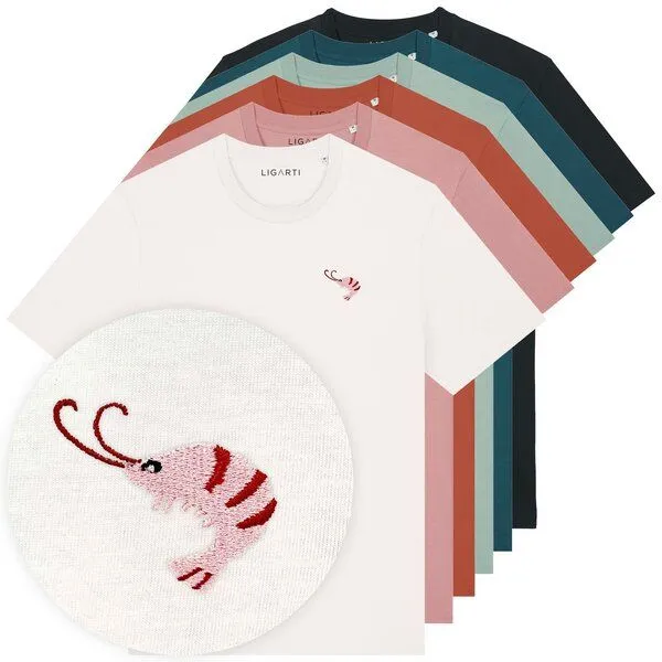 LIGARTI Besticktes T-Shirt – Nele der Shrimp – LIGARTI Tiermanufaktur, Petrol, – Produktbild 2 von 3