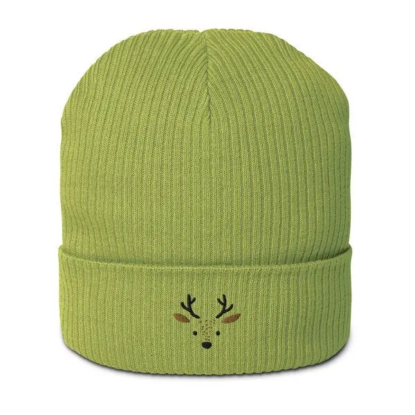 PepMelon PepMelon Niedliche gestickte Hirsch-Mütze aus Bio-Rippstrick, Grün, – Produktbild 1 von 7