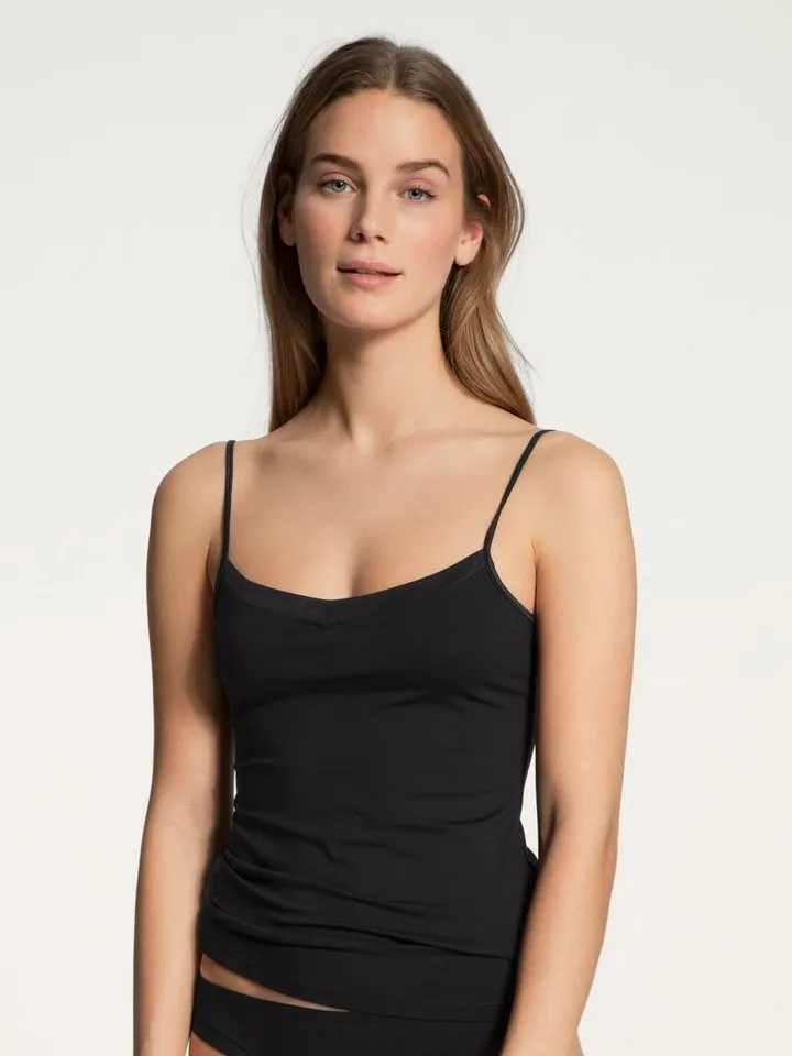 CALIDA CALIDA Spaghettitop Cate Satin-Einsatz, Single Jersey Qualität, elastisch, weich, feminin, Schwarz, – Produktbild 1 von 5