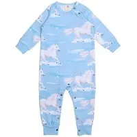 Walkiddy Baby Strampler GOTS zertifiziert, Bio-Baumwolle, hellblau, Pferde-Muster „White Horses“, Langarm, weich – Walkiddy – Produktbild 1 von 1