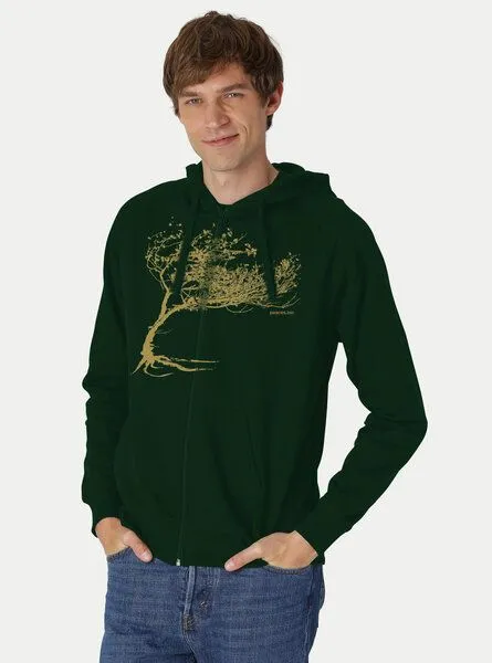 Peaces.bio - handbedruckte Biomode Peaces.bio - handbedruckte Biomode Bio Herren-Zip-Hoodie Windy Tree, Flaschengrün, – Produktbild 3 von 3