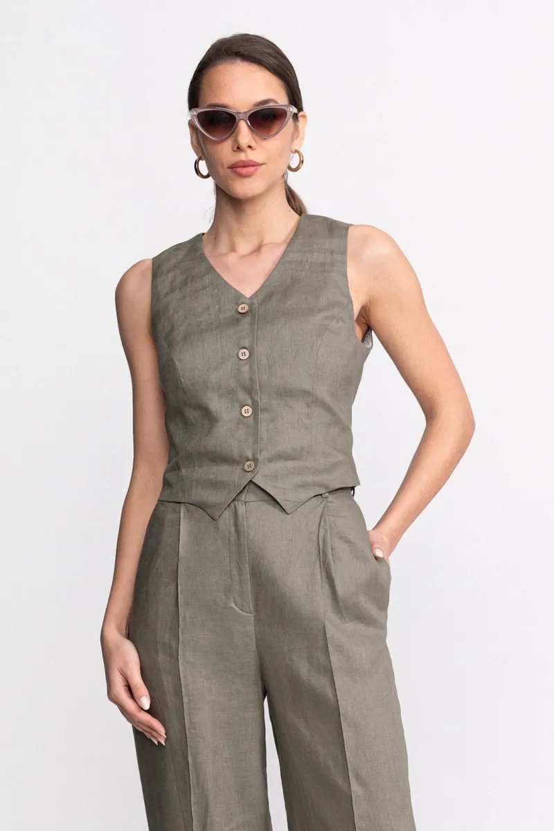De IONESCU De IONESCU Damen vegan Weste Figa Leinen, Olivgrün, – Produktbild 2 von 2