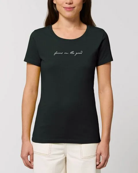 Human Family Human Family Bio Damen Rundhals-T-Shirt "Focus on the good" aus Bio-Baumwolle, Schwarz, – Produktbild 1 von 1