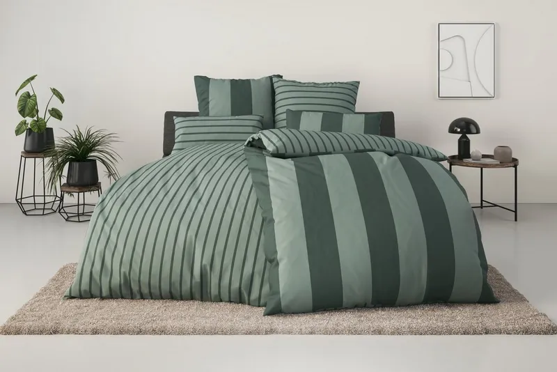 OTTO home Wendebettwäsche Sari in verschiedenen Qualitäten, Linon, 3 teilig, ab Gr. 135x200 cm, Wendedesign, moderne Bettwäsche mit Streifen, Grün, – Produktbild 2 von 5