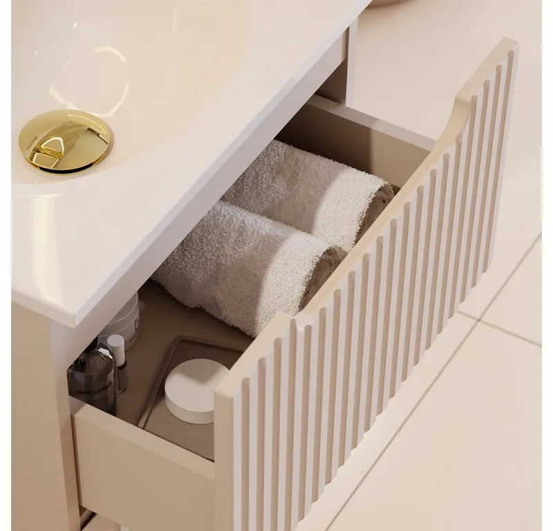 Lomadox Badmöbel-Set NEWPORT-56-CASHMERE, (Spar-Set, 5-St., Hängeschränke LED-Spiegel Waschtisch Hochschrank), 60cm Keramikwaschbecken, LED-Beleuchtung, in kaschmir, Beige|weiß, – Produktbild 2 von 5