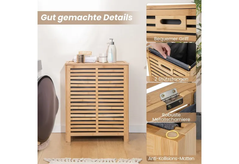 COSTWAY COSTWAY Wäschekorb, Bambus, 80L, mit Deckel & ausnehmbarem Wäschesack, Beige, – Produktbild 5 von 5