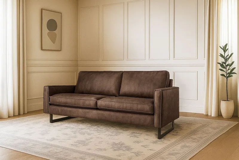 OTTO home 3-Sitzer Pinto, 206 cm, Cord, Chenille, Lederoptik, mit Keder, schwarze Metallfüße, Wellenunterfederung, Braun, – Produktbild 1 von 5
