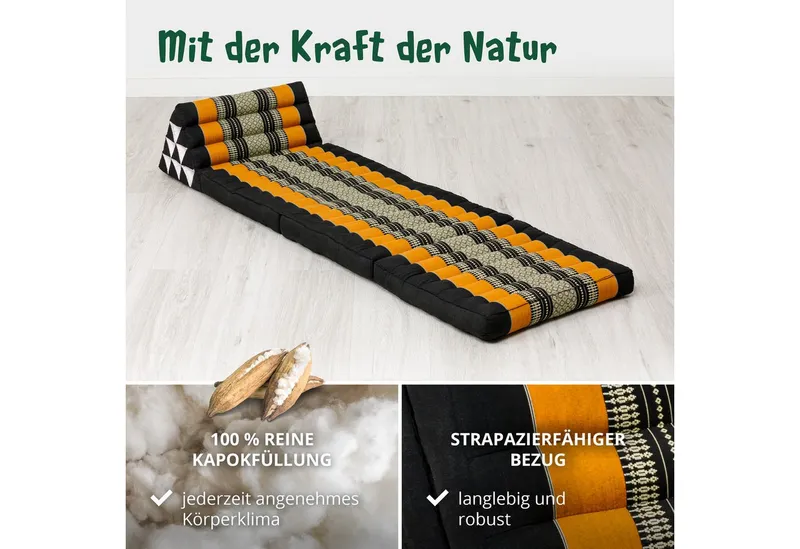 livasia Sitzsack Thaikissen 3 Auflagen (Classic) vegan und handgefertigt, 175x50x8cm, Kapok, Orange|schwarz, – Produktbild 4 von 5