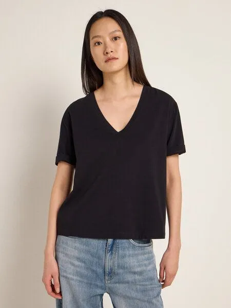 LANIUS LANIUS Shirt mit V-Ausschnitt (GOTS) aus Bio-Baumwolle, Black, – Produktbild 1 von 4