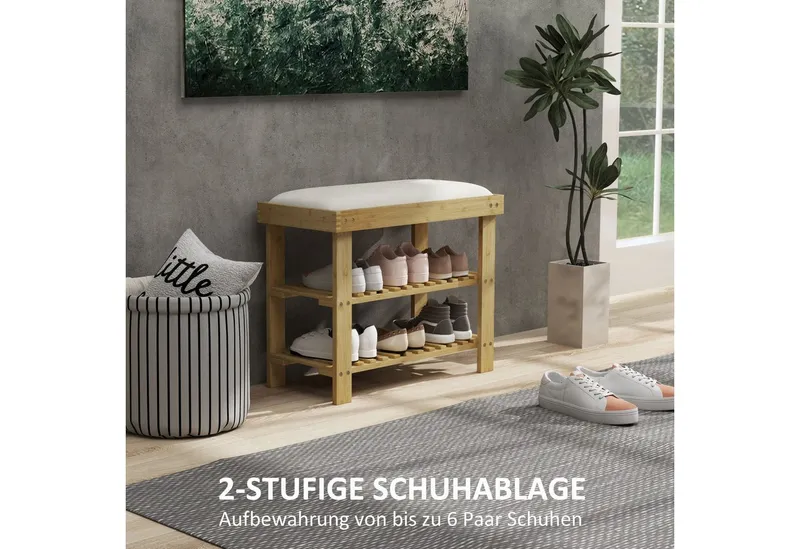 HOMCOM HOMCOM Schuhbank Bambus Sitzbank, Schuhregal 2 Fächer, Garderobenbank, 60x29x49cm (Schuhregal aus Bambus, 1-St., Schuhbank mit Sitzfläche), für Wohnzimmer, Flur, Cremeweiß+Naturholz, Weiß, – Produktbild 5 von 5