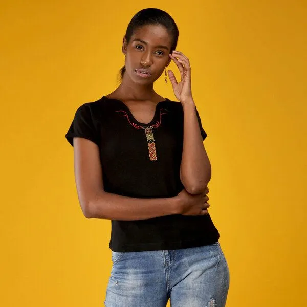 Africulture Africulture Damen Top aus Baumwoll Ripp Stoff mit Stick/Perlenmuster Shela Design, Schwarz, – Produktbild 1 von 1
