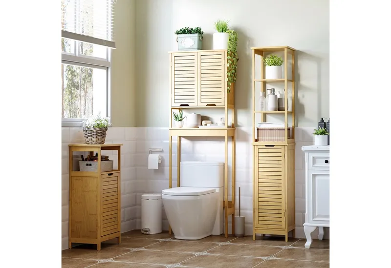 kleankin kleankin Badkommode Badschrank Hochschrank mit 3 offenen Fächer und 1 Schrank, Bambus (Badmöbel, 1 St., Badezimmerschrank), Natur 34 x 30 x 173 cm, Beige, – Produktbild 1 von 4