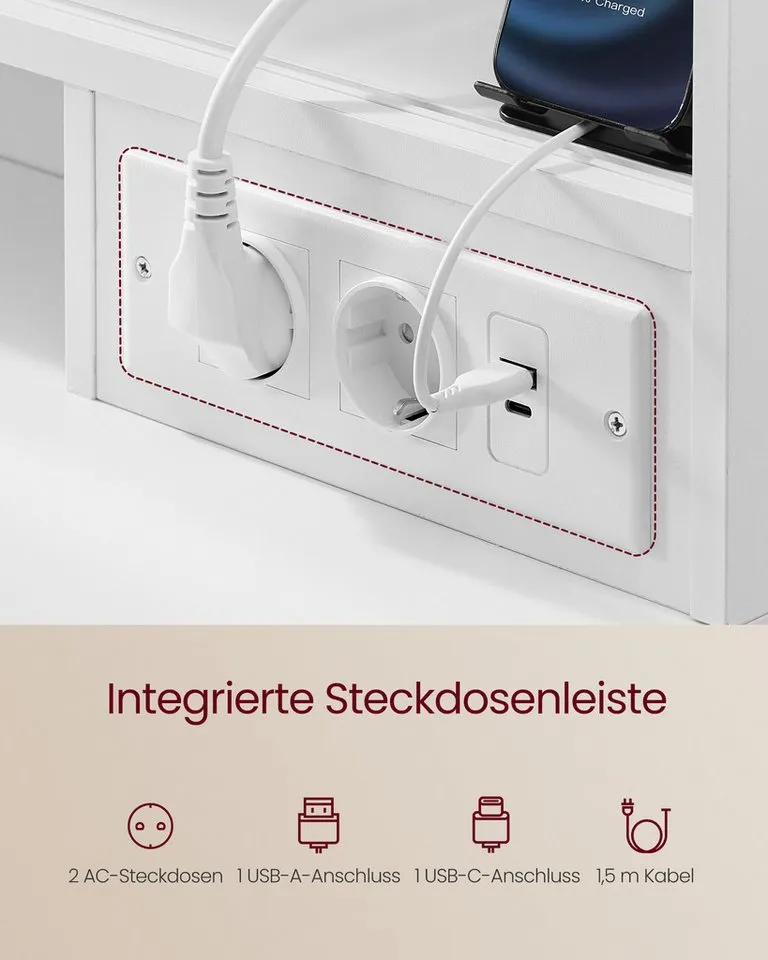 VASAGLE Schminktisch Hocker Steckdosenleiste (1 Tisch mit 1 Hocker), 10x Vergrößerungsspiegel, 3 Lichtfarben, werkzeuglose Gleitschienen, Rosa, – Produktbild 5 von 5