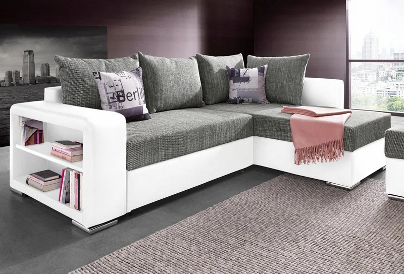 COLLECTION AB Ecksofa John L-Form, B: 226 cm, Schlaffunktion & Bettkasten, Regalelement & 2 Zierkissen, Couch optional mit Federkern, Grau|weiß, – Produktbild 2 von 5
