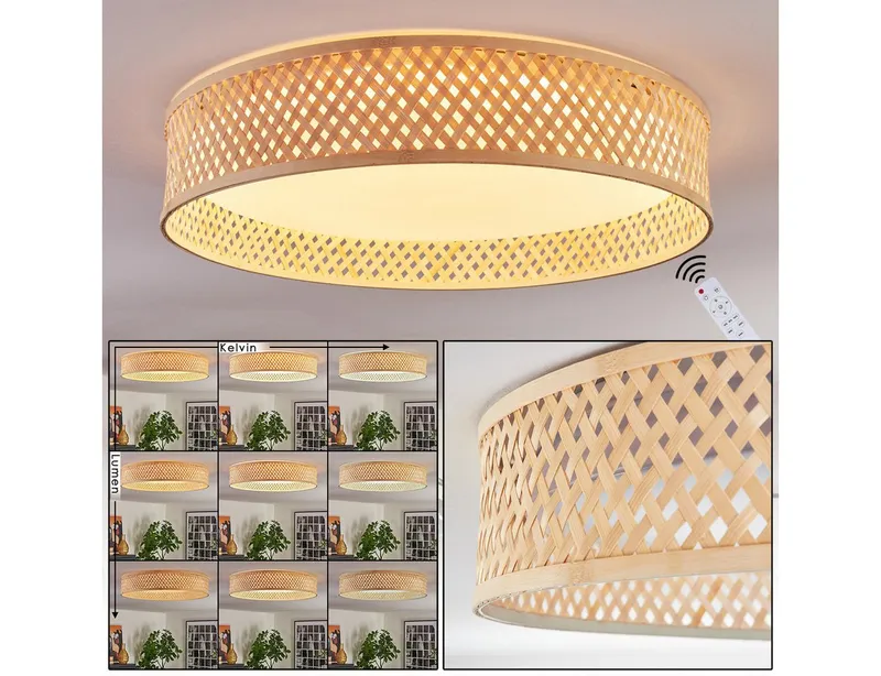 hofstein Deckenleuchte Deckenlampe im Boho-Design aus Metall/Bambus/Kunststoff in Weiß/Natur, ohne Leuchtmittel, Deckenleuchte dimmbar, Fernbedienung, Memory-Funktion, CCT einstellbar, Beige, – Produktbild 6 von 8