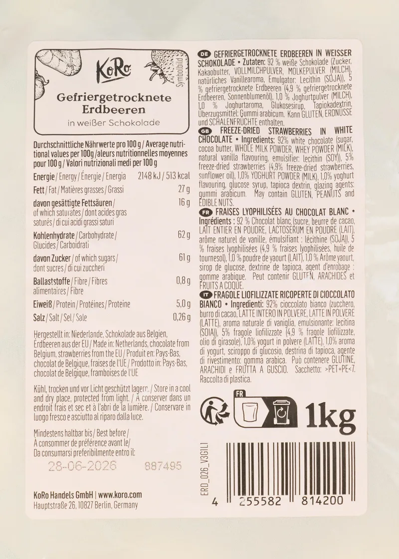 KoRo Gefriergetrocknete Erdbeeren in weißer Schokolade 1 kg – Produktbild 5 von 5