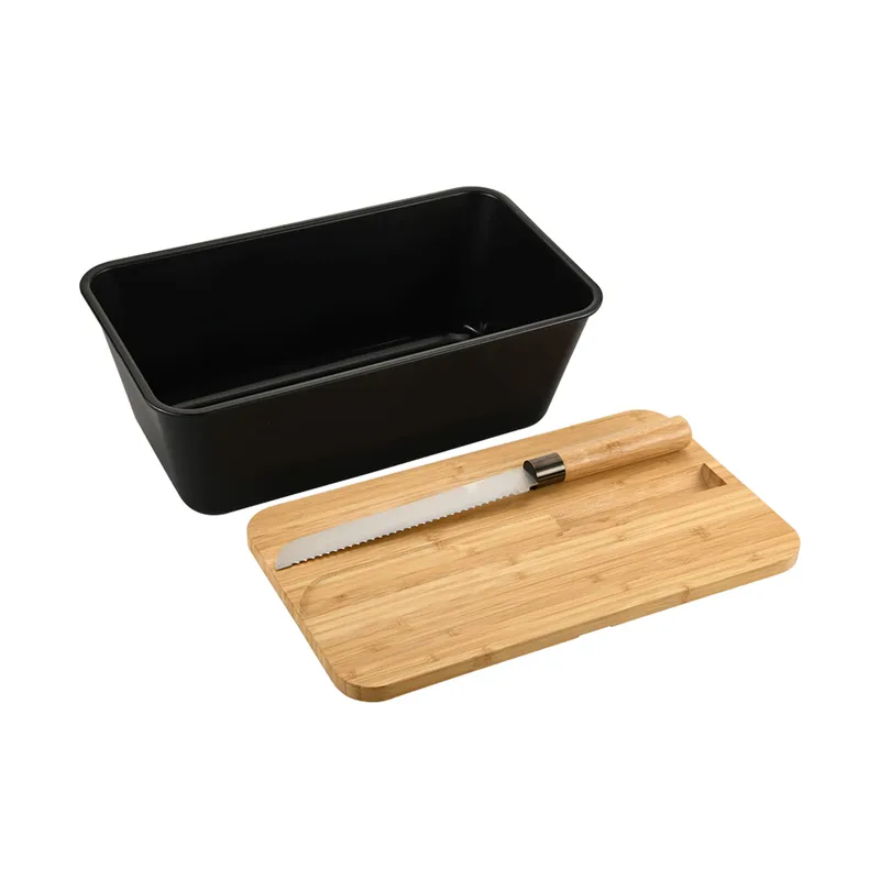 Kesper Brotbox mit Bambus-Schneidebrett und Messer, Schwarz | braun, – Produktbild 2 von 5