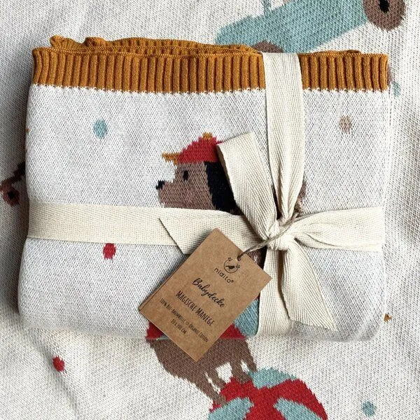 nidito nidito Bio Babydecke Baumwolle Zirkus Hund Katze Hase - 80x100 cm - 100% Bio-Baumwolle - Beige Blau Rot Gelb – Produktbild 2 von 4