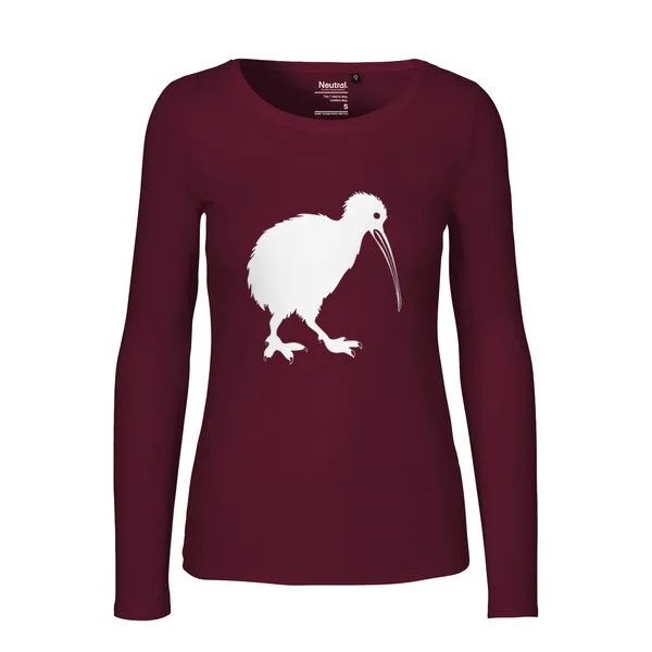 HANDGEDRUCKT HANDGEDRUCKT "Kiwi" Frauen Longsleeve aus reiner Biobaumwolle (kbA), Bordeaux, – Produktbild 1 von 3