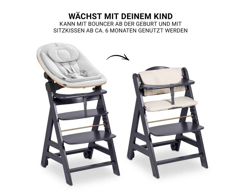 Hauck Hauck Hochstuhl Beta Plus Dark Grey Newbornset Eco - Light Grey (Set), Holz Babystuhl ab Geburt mit Neugeborenensufsatz, Sitzkissen, Essbrett, Grau, – Produktbild 4 von 5