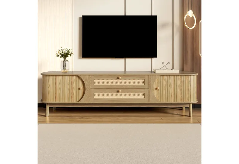 Odikalo TV-Schrank Sideboard Lowboard TV-Ständer mit Türen Schubladen Rattan Seiten Natur 170 L x 39,5 B x46 H(cm) – Produktbild 4 von 5