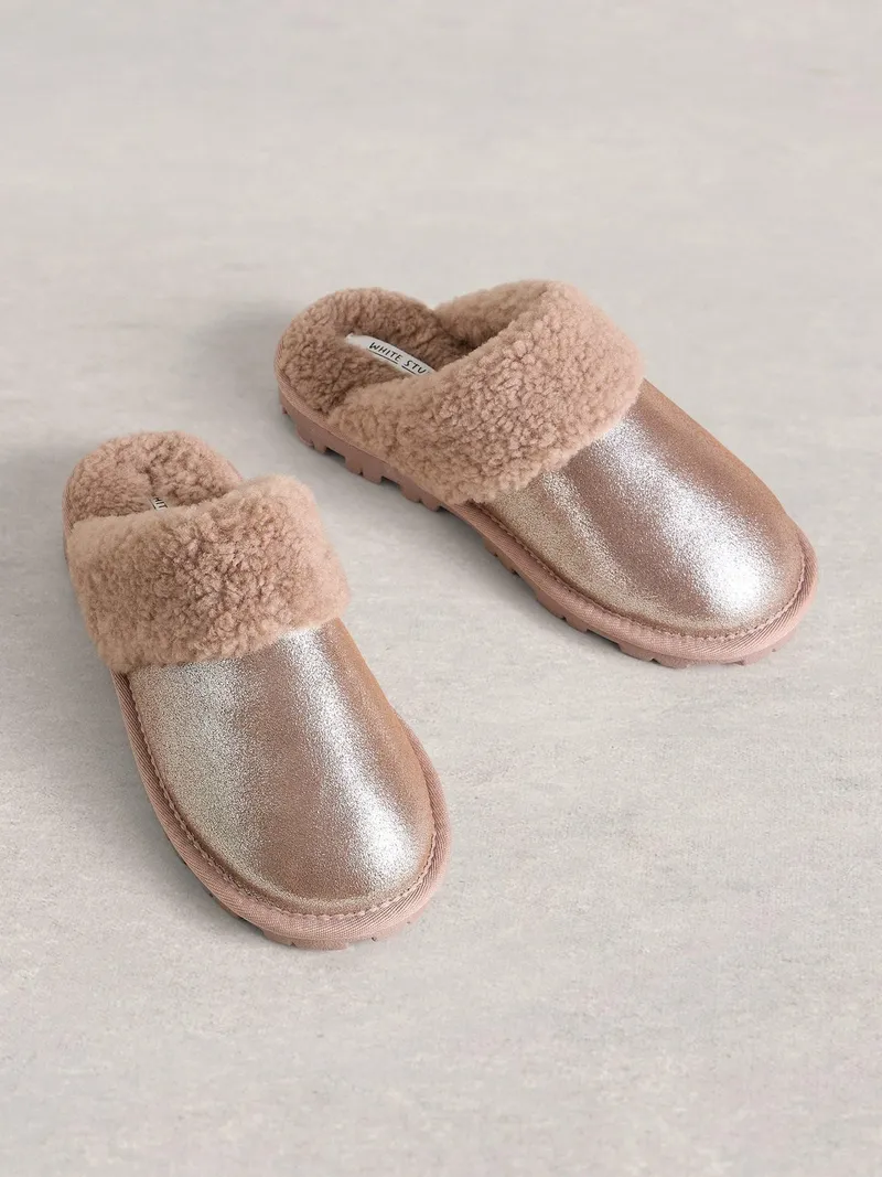 White Stuff Wildlederpantoletten mit Schafsfellfutter - M, Gold tan metallic, – Produktbild 2 von 4
