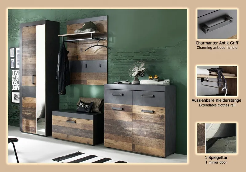Home affaire Garderoben-Set Ilana, (Set, 4-St), Garderobenmöbel im modernen Industrial Style mit antikfarbenen Griffen, Grau, – Produktbild 3 von 4