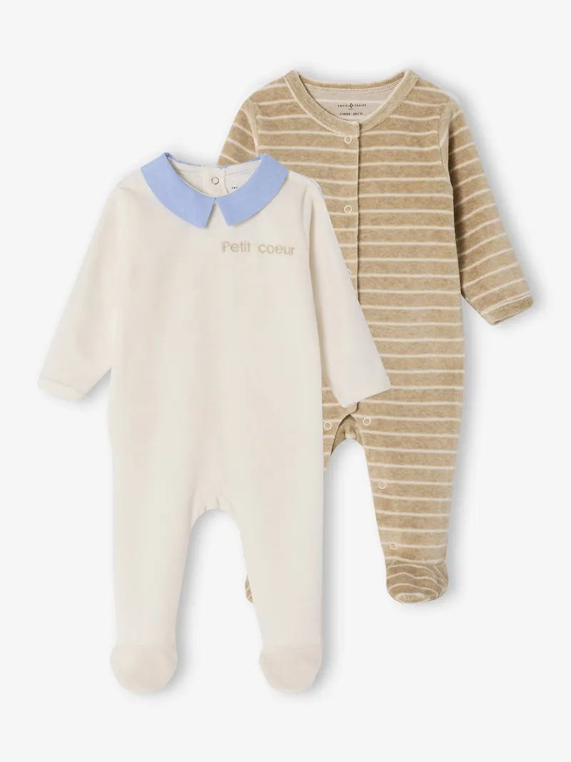 Envie De Fraise 2er-Pack Baby Samt-Schlafanzüge mit Fuß ENVIE DE FRAISE personalisierbar, Wollweiß, – Produktbild 1 von 4