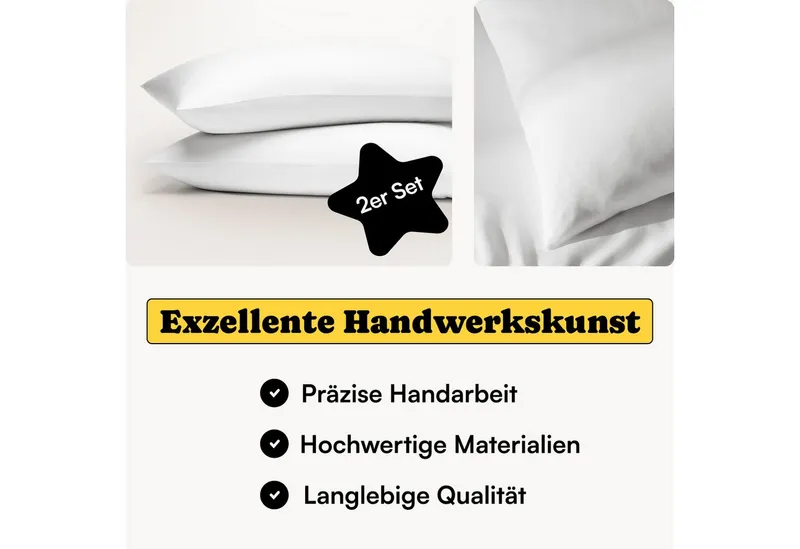 Seralino Kissenbezüge Mako Satin Kissenbezug (100% Bio Baumwolle) weich, hautfreundlich, (2 Stück), Fairtrade/ GOTS zertifizierte uni Kissenhülle mit Reißverschluss, Weiß, – Produktbild 2 von 5