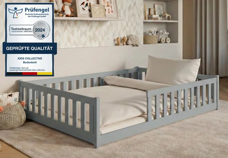 Kids Collective Kinderbett Bodenbett Bett mit Rausfallschutz & Lattenrost Montessori Bett Kinder (Jungen, Mädchen, Kinder, weitere Größen 80x160, 80x180, 90x190, 90x200, 120x200 cm), Jugendbett Gitterbett Einzelbett mit Matratze, Aschgrau 140x200 cm, Grau, – Produktbild 1 von 5