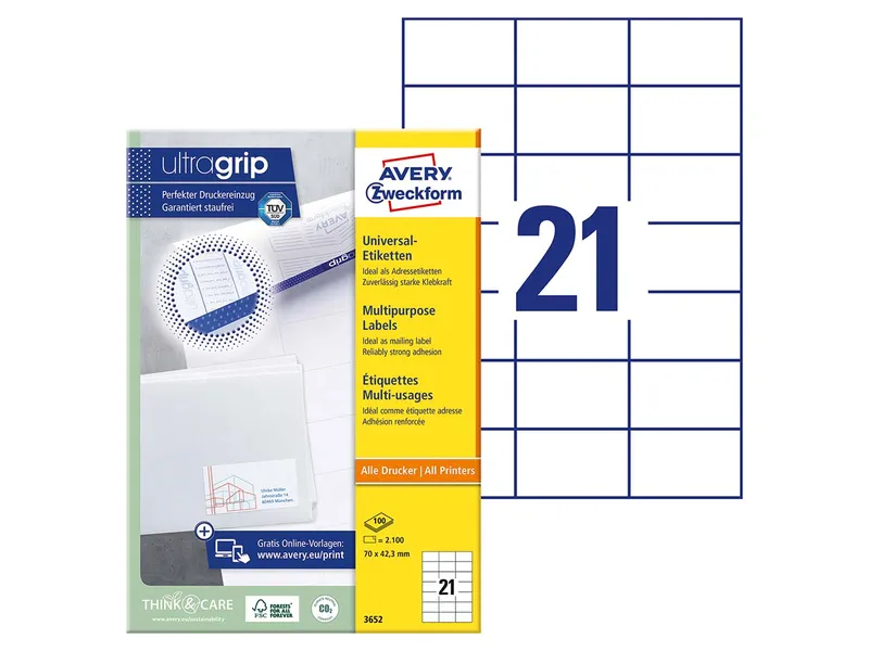 Avery Zweckform 2.100 Zweckform Etiketten '3652' 70 x 42,3 mm, A4 – Produktbild 2 von 3