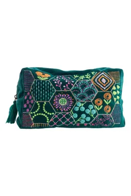Tranquillo Tranquillo Kosmetiktasche Groß aus Bio-Baumwolle VELVET BLOOM ART 24x14x8 cm mit Reißverschluss, Samt-Kulturbeutel mit bunter Stickerei für Accessoires und Makeup – Produktbild 1 von 1
