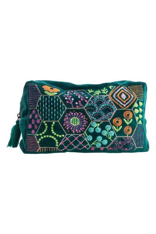 Tranquillo Tranquillo Kosmetiktasche Groß aus Bio-Baumwolle VELVET BLOOM ART 24x14x8 cm mit Reißverschluss, Samt-Kulturbeutel mit bunter Stickerei für Accessoires und Makeup, Bunt|grün, – Produktbild 1 von 5