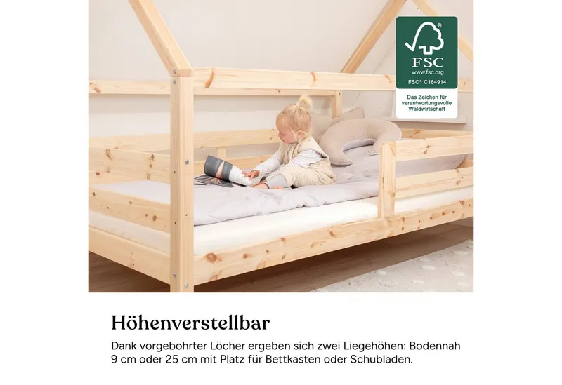 Ehrenkind Hausbett Sona aus FSC®-zertifiziertem Kiefernholz, höhenverstellbar (90x200 cm, inkl. Rollrost und abnehmbarem Rausfallschutz), 2-in-1 Bett – bodentief oder in Standardhöhe aufbaubar, Natur, – Produktbild 4 von 5