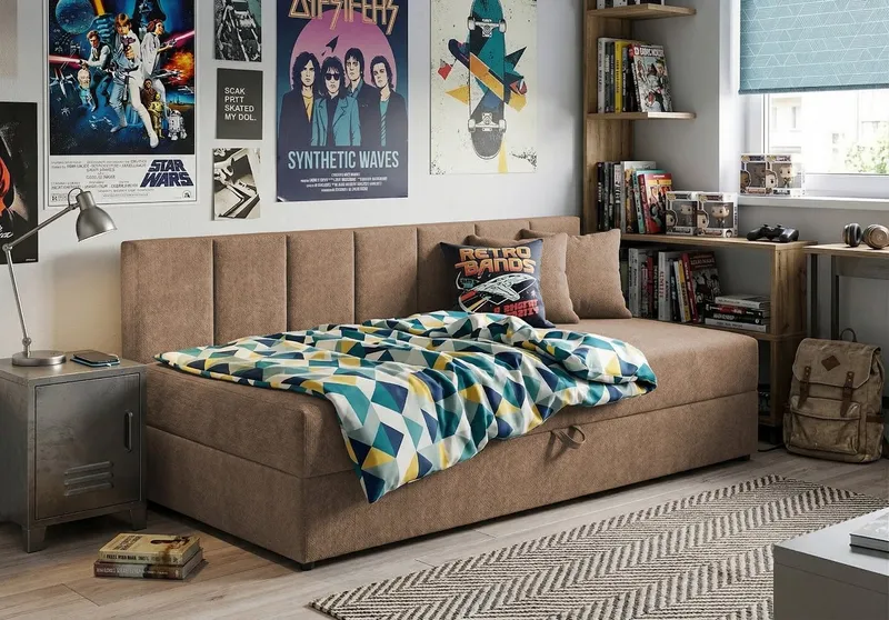 S-Style Möbel Daybett / Tagesbett Lenny mit Rückenlehne und großem Bettkasten, aus Chenille-Stoff, mit Bonellfedern, Braun, – Produktbild 3 von 6