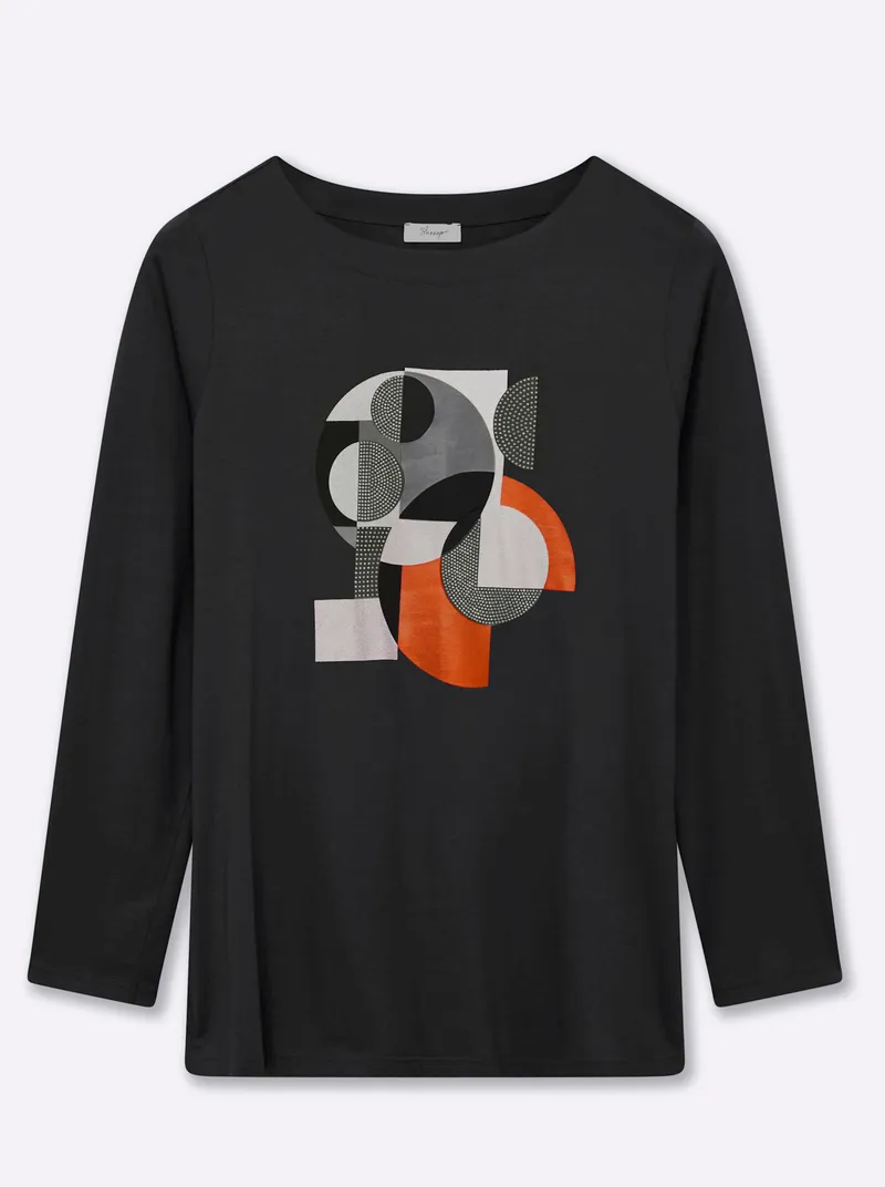 sheego Langarmshirt schwarz-silberfarben-bedruckt, Schwarz-silberfarben-bedruckt, – Produktbild 1 von 2