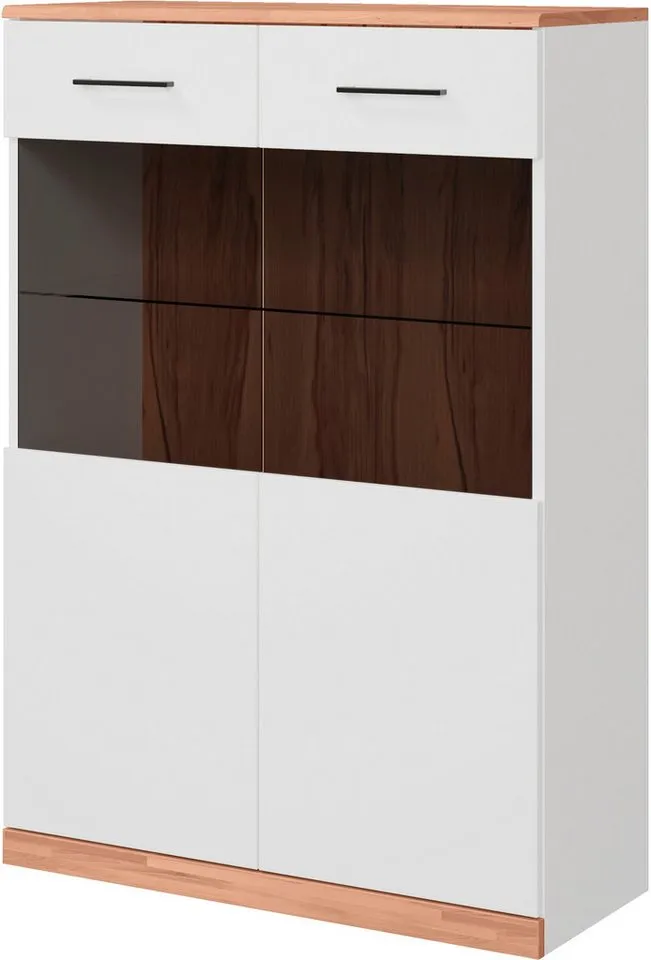 OTTO home Vitrine Ribe, 125 cm hoch, Fronten Massivholz, 4 breite Fächer Korpus Holzwerkstoff, 2Türen mit Glaseinsatz, einlegeboden verstellbar, Weiß, – Produktbild 2 von 5