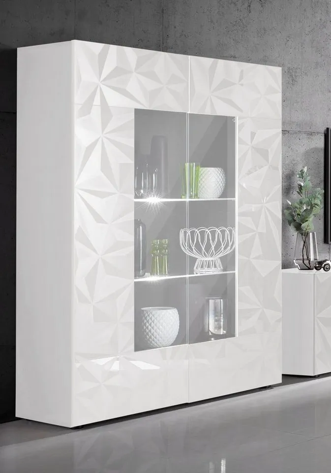 Home affaire Vitrine Prisma Höhe 166 cm, Breite 121 cm, Stauraumvitrine mit 2 Türen, Standvitrine - Front mit elegantem Siebdruck, grifflos, viel Stauraum, Grau|weiß, – Produktbild 2 von 5