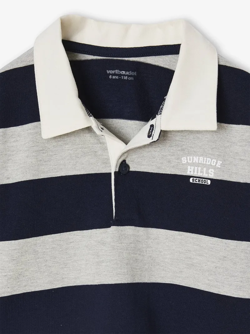 Vertbaudet Vertbaudet Gestreiftes Jungen Langarm-Poloshirt mit Kontrast-Kragen, Grau meliert, – Produktbild 3 von 4