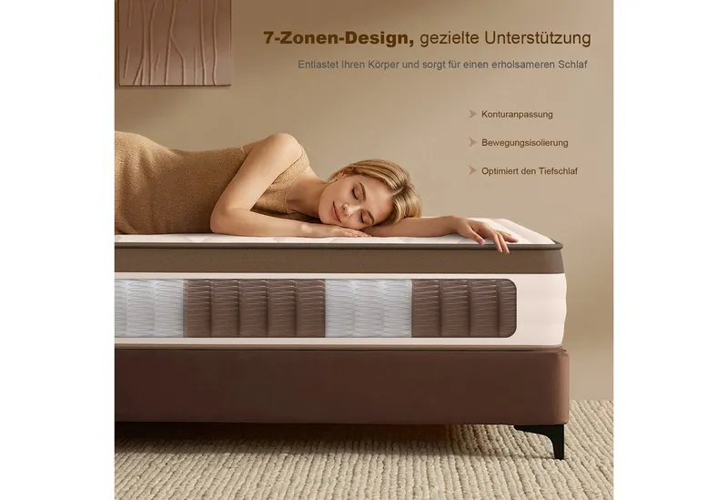 Taschenfederkernmatratze 25 cm Luxus Matratze, 7 Zonen Ergonomische Federkernmatratze H3-Härte, ROYGBIV, 25 cm hoch, (1), Oeko-TEX Zertifiziert, Rückenentlastung, Atmungsaktiv, Hypoallergene, Braun, – Produktbild 5 von 5