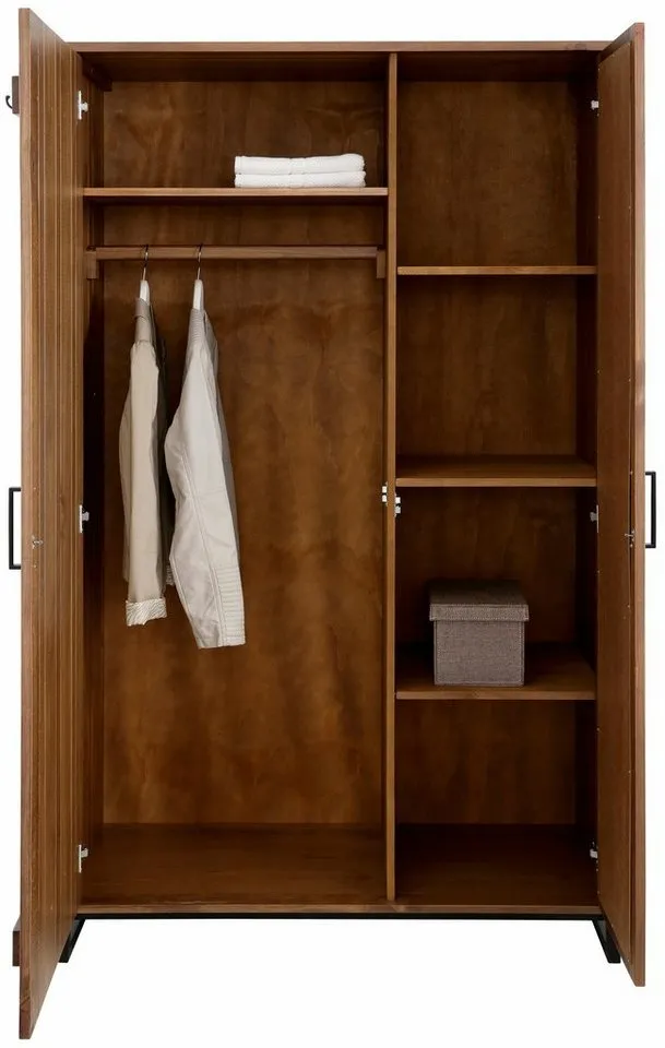 OTTO home Garderobenschrank Santos Kleiderschrank mit 2 Türen, eine davon mit einer Spiegelfront 1 Türfront mit Haken & 1 Spiegeltür, Untergestell & Griffe aus Metall, Braun|bunt, – Produktbild 4 von 5
