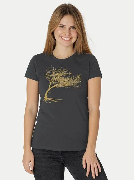 Peaces.bio - handbedruckte Biomode Peaces.bio - handbedruckte Biomode Bio-Damen-T-Shirt "Windy Tree", Graphitgrau, – Produktbild 1 von 2
