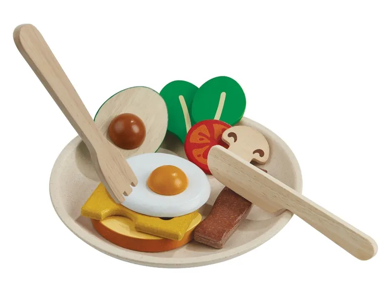 PlanToys PlanToys Frühstück Set für die Kinderküche aus recyceltem Kautschukholz Durchmesser 16 cm, Höhe 1,9 cm, Mehrfarbig, – Produktbild 2 von 3