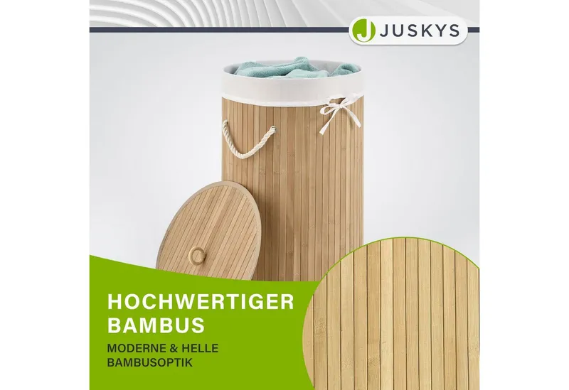 Juskys Wäschekorb Curly-Round 55 L in Natur aus Bambus mit Deckel & Wäschesack, Wäschesammler für 2 Personen, schmal mit Ø 35 x 60 cm & Kordelgriffen, Beige, – Produktbild 5 von 5