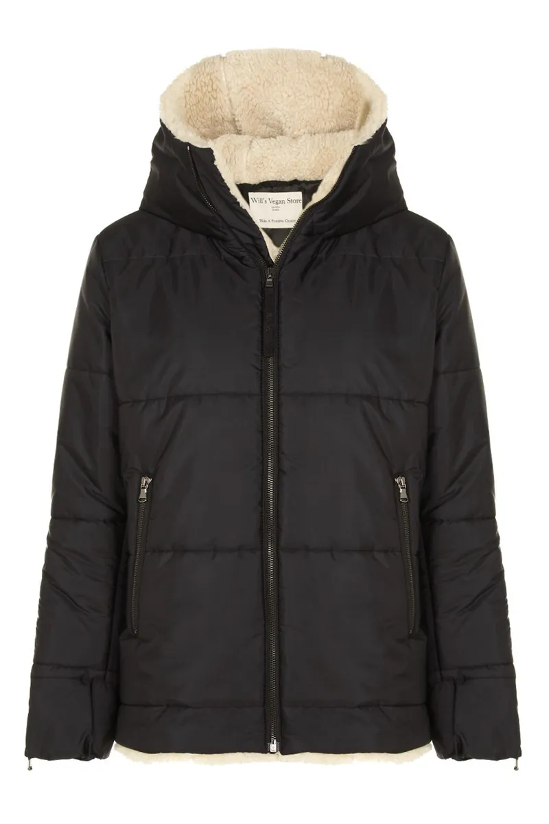 Will's Vegan Store Will's Vegan Store Damen vegan Puffer Veganes Lammfell Schwarz & Creme, Schwarz, – Produktbild 1 von 2