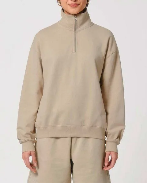 YTWOO YTWOO Oversized Sweatshirt mit kurzem Reißverschluss aus reiner Bio-Baumwolle; Unisex Troyer, Beige, – Produktbild 2 von 3