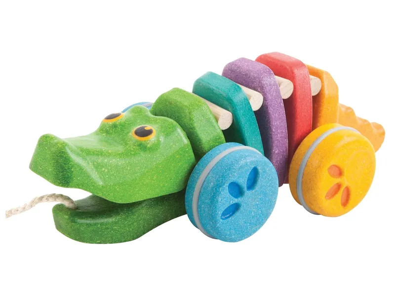 PlanToys PlanToys Nachziehtier Regenbogen Krokodil aus recyceltem Kautschukholz 9,5 x 22,5 x 9,5 cm, Mehrfarbig, – Produktbild 1 von 2