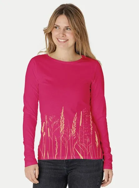 Peaces.bio - handbedruckte Biomode Peaces.bio - handbedruckte Biomode Bio-Damen-Langarmshirt Gräservielfalt, Pink, – Produktbild 1 von 2