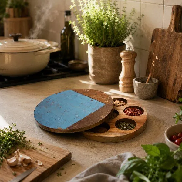 Good To Give Good To Give Gewürzbox aus recyceltem Altholz | handgefertigte Masala Dabba mit 7 Fächern, Ø 25 cm, Indien – Produktbild 3 von 3